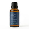 An amber glass bottle of essential oil with a black ribbed cap and a dark navy label, shown on a clean white background.