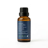 Bottle of essential oil with a clear label on a white background
