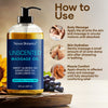 Graphic explaining three ways to use the massage oil for full body massage, post-shower skin hydration, and targeted muscle comfort.