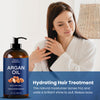 Woman applying hair oil, featuring Nexon Botanics Argan Oil bottle with text highlighting frizz taming and brilliant shine.