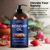 Nexon Botanics Rosehip Oil bottle set against a background of fresh rosehips, highlighting nutrient-rich benefits for skin and hair.