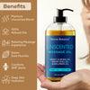 Nexon Botanics Unscented Massage Oil bottle displayed with benefits including 100% natural oils, muscle ease, and deep skin hydration.