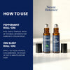 This image shows how to use peppermint and zen sleep roll ons bottles